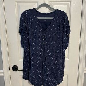 Navy and white polka dot top